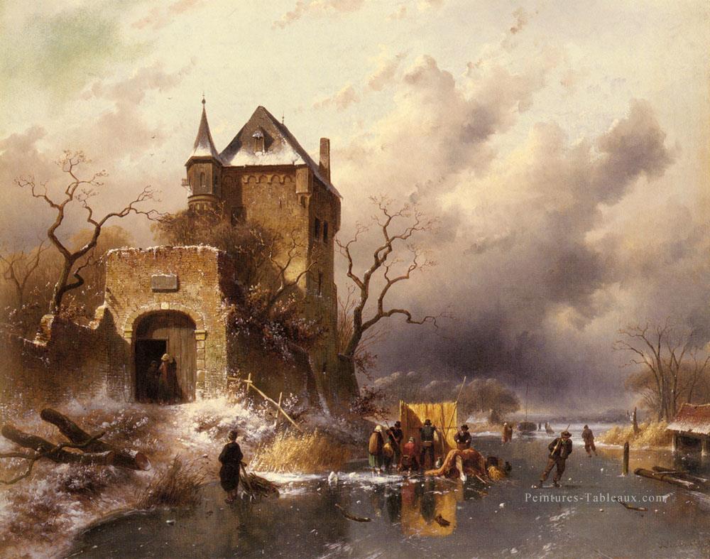 Patineurs sur un lac gelé près des ruines d’un château paysage Charles Leickert Peintures à l'huile